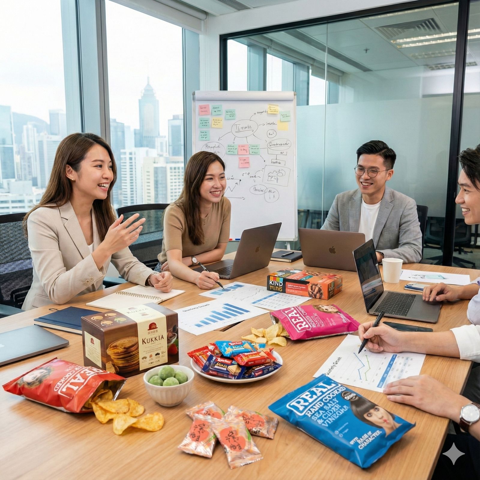 Team sharing snacks around a table